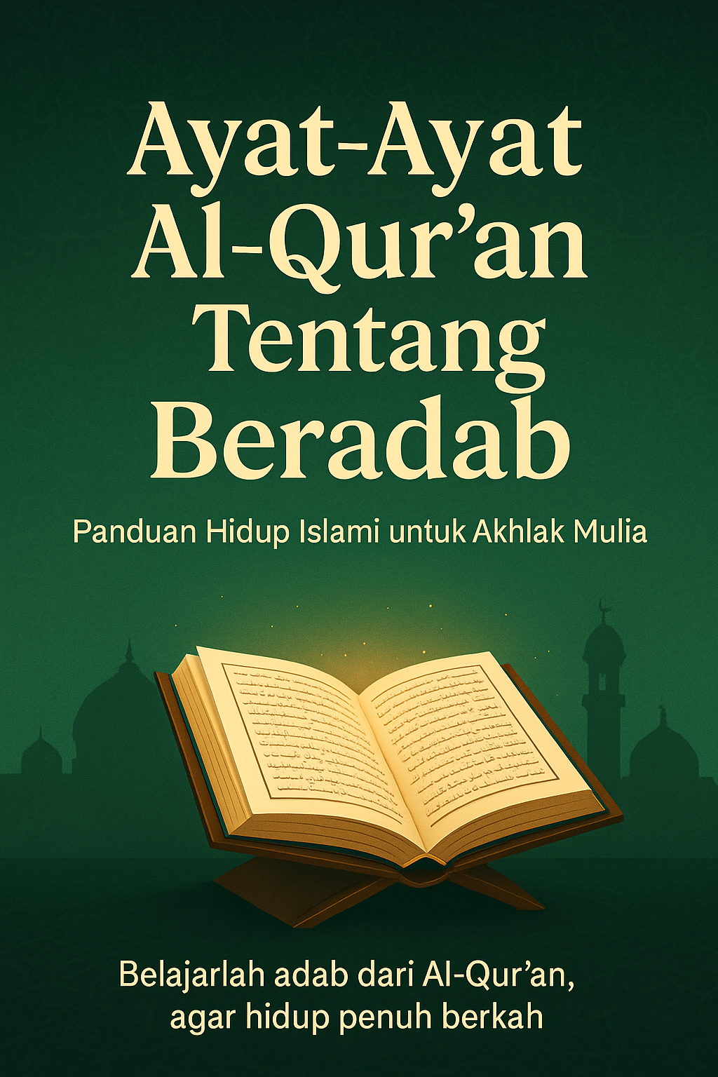 Islami dengan judul Ayat-Ayat Al-Qur’an Tentang Beradab, menampilkan Al-Qur’an terbuka bercahaya dengan latar masjid bernuansa hijau.