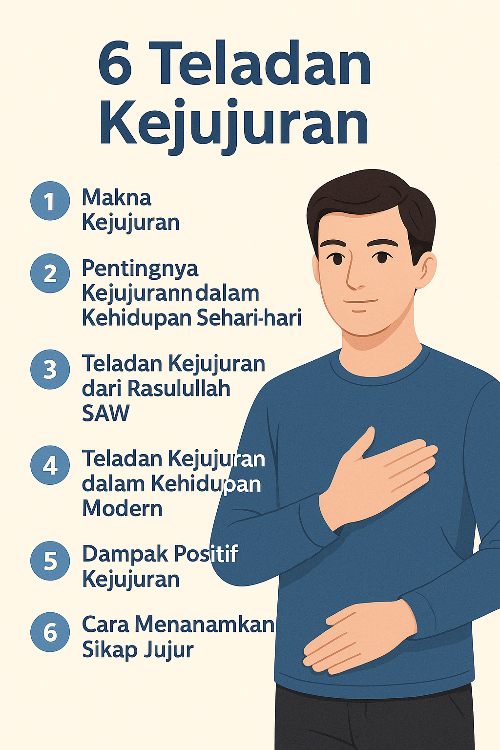 6 Teladan Kejujuran menampilkan ilustrasi manusia semi-realistik dengan enam poin nilai kejujuran dalam kehidupan