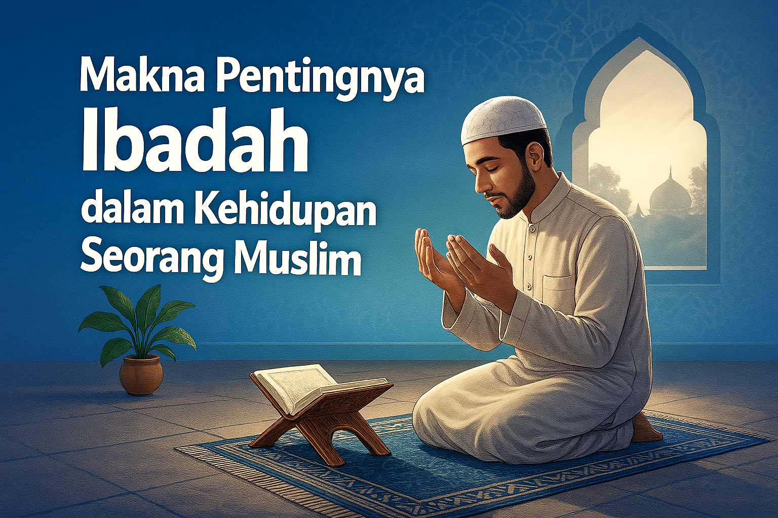 Pria Muslim berdoa di atas sajadah dengan Al-Qur’an